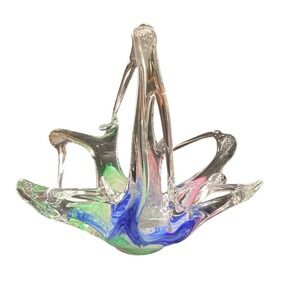 Hand Bloown Glass Basket Blue Pink Green Excellent Condition Approximately 8"x8"